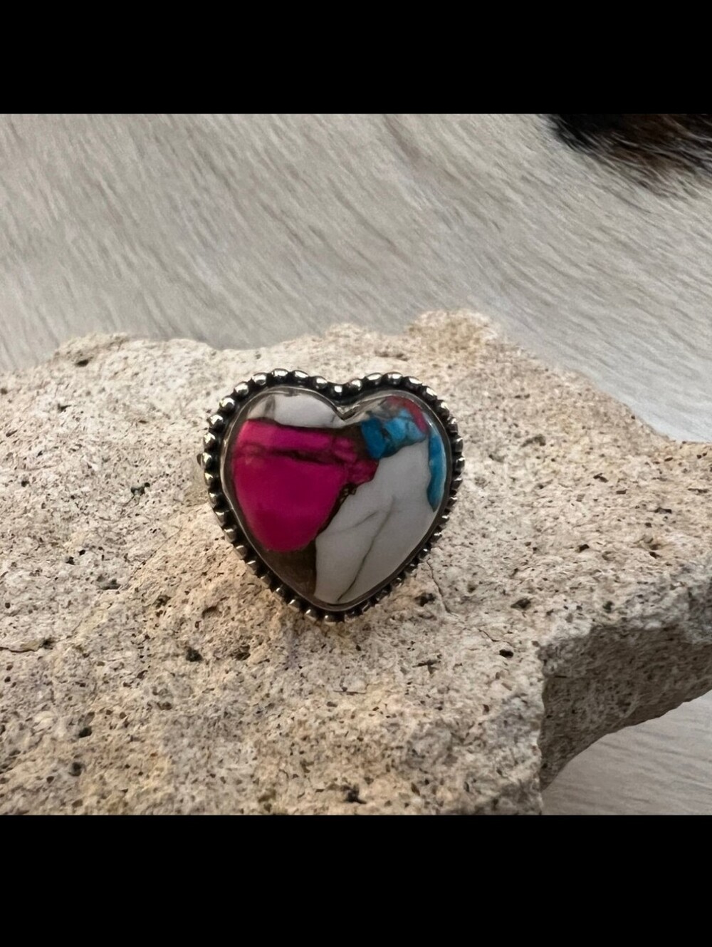 LG Cotton Candy Kingman Turquoise Sterling Silver Heart Ring Size 8.75